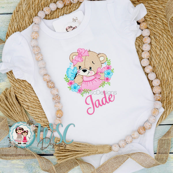 Baby Girl Embroidered Bodysuit featuring a girl bear with flowers