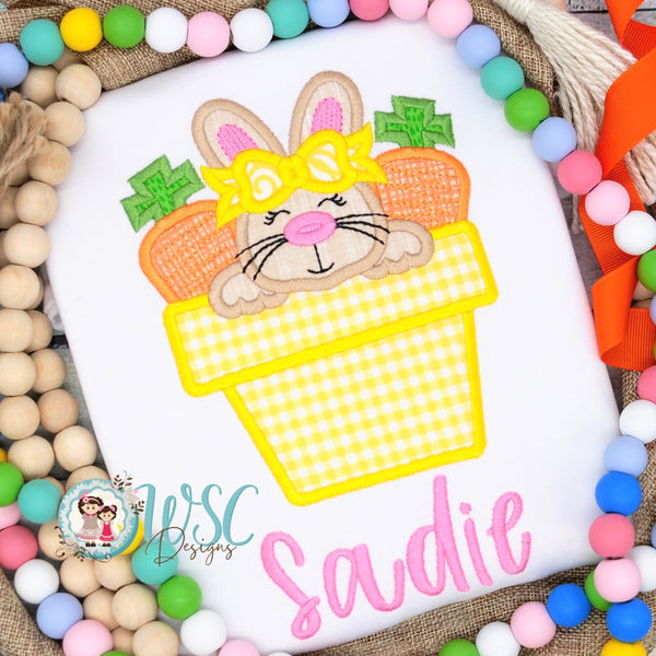Girl Easter Shirt featuring Bunny in a flower pot with carrots, personalized embroidered name - WSC-Designs Boutique
