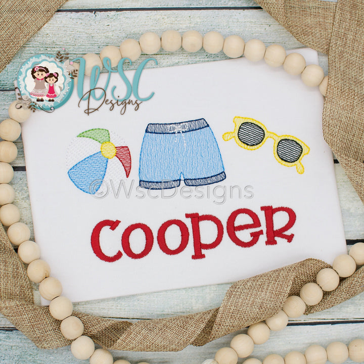 Personalized Beach Shirt for Boys with Beach Ball, Swimming shorts and Sunglasses - WSC-Designs Boutique