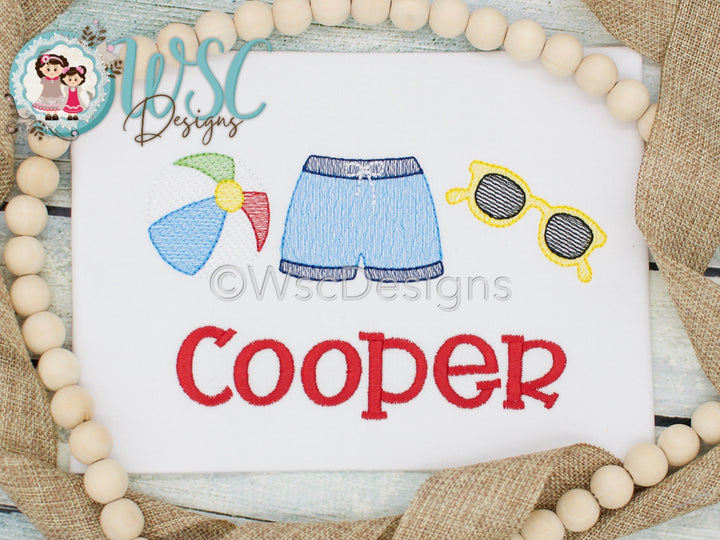 Personalized Beach Shirt for Boys with Beach Ball, Swimming shorts and Sunglasses - WSC-Designs Boutique