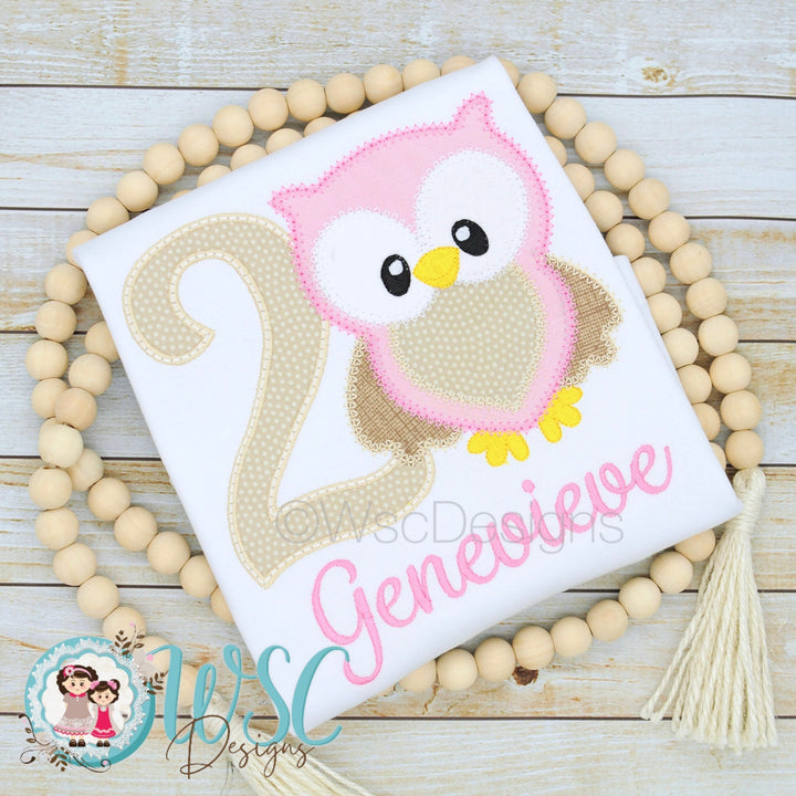 Tan and Pink Baby Girl Owl Birthday Embroidered T Shirt - WSC-Designs Boutique